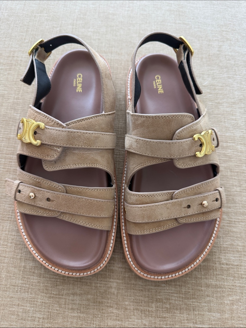 Celine Taupe Suede Triple-Strap Sandals with Gold Hardware size 38 (8)